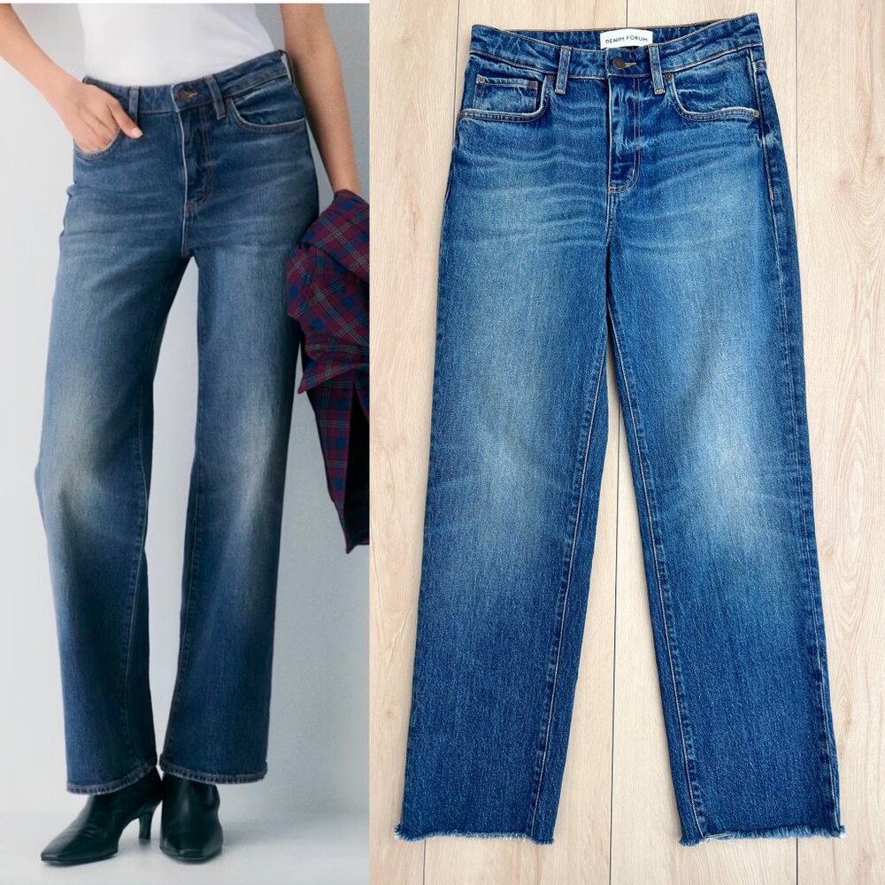 Denim Forum Remy Hi-Rise Wide Jean Raw Hem Size 28 in Vintage Dark Blue Wash